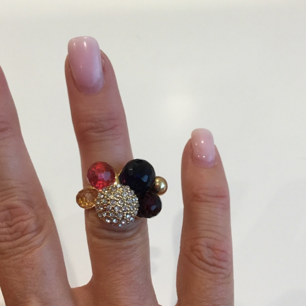 Gold tone cluster ring with pink & black balls